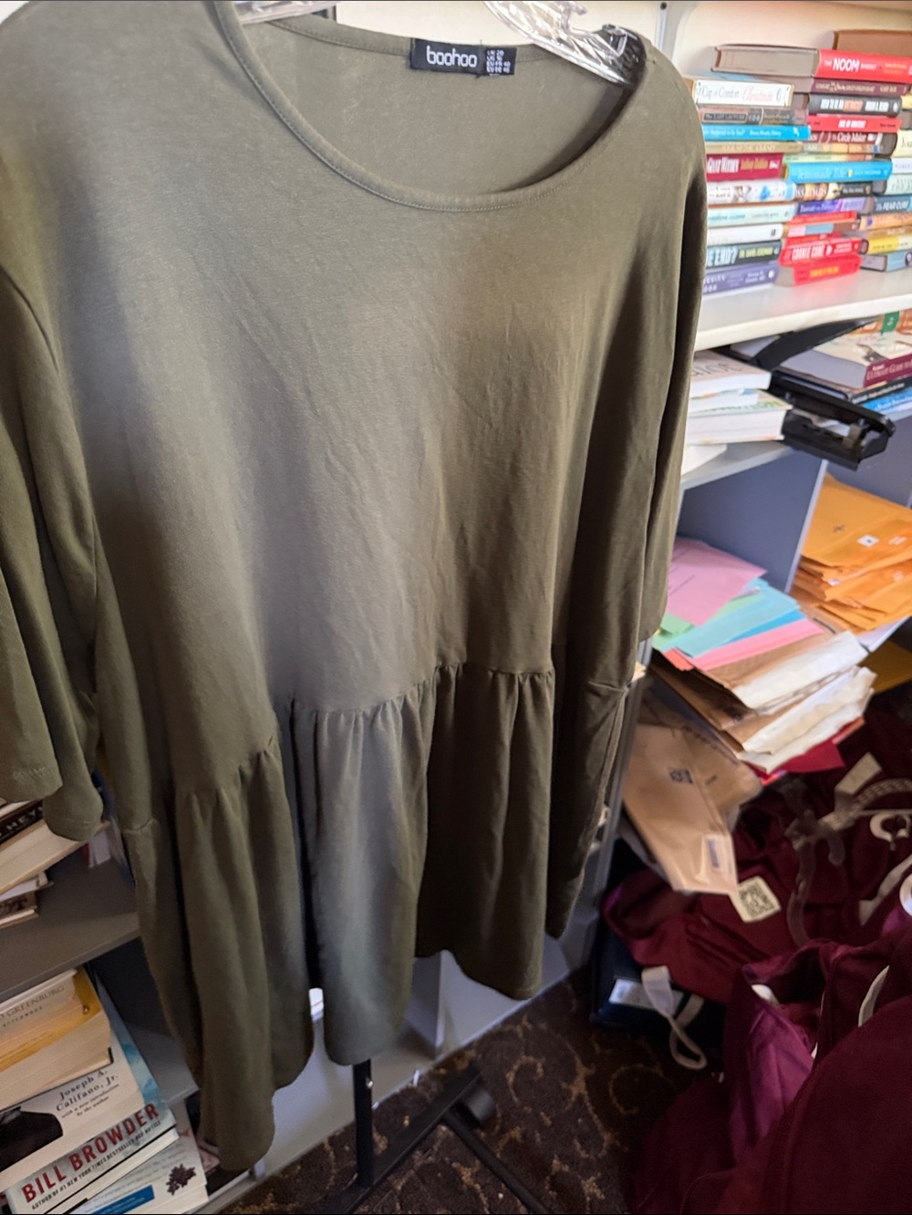 Boohoo Olive Green Tiered Peplum Long Sleeve Tunic